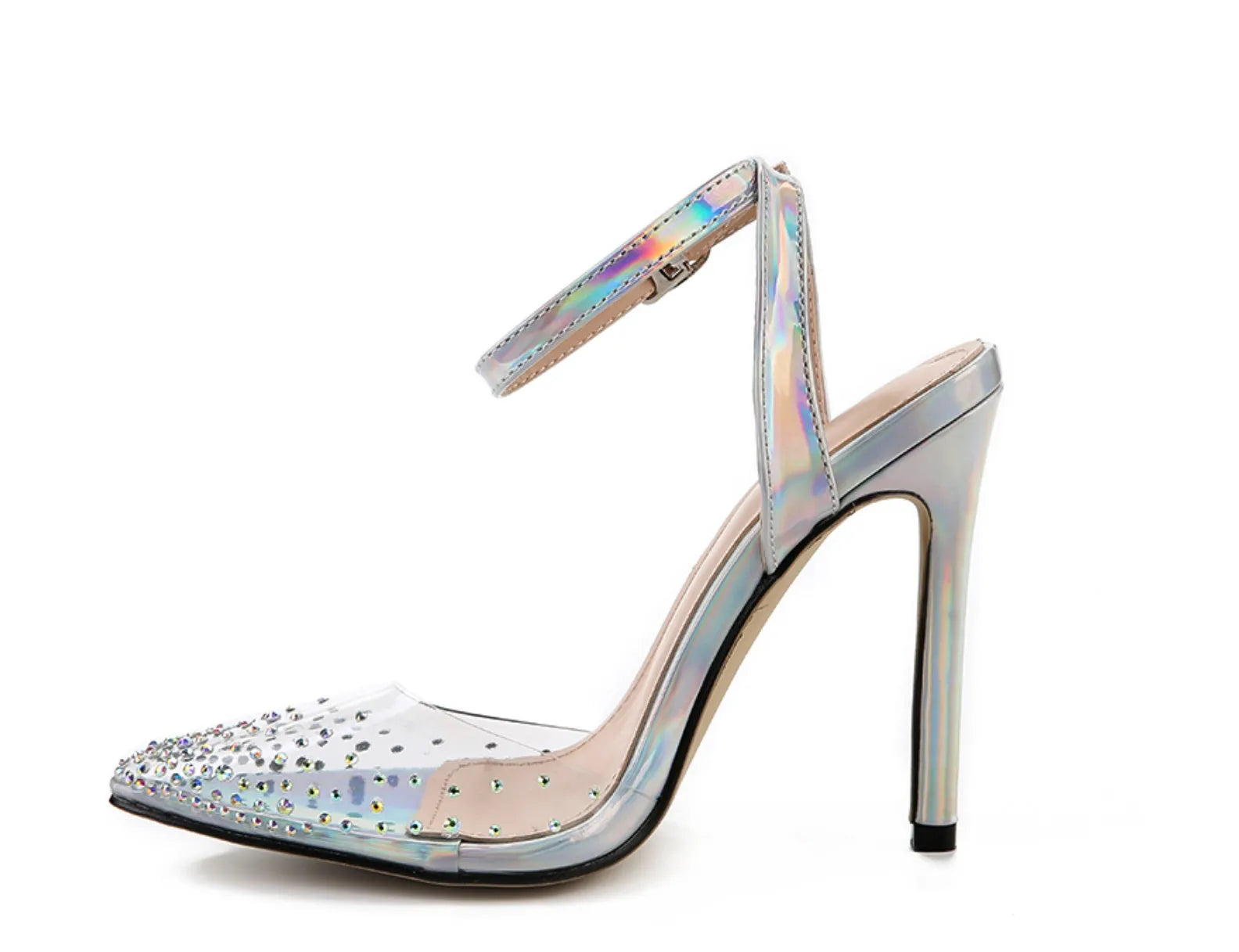 Women's pointed toe diamond sandals with a stiletto heel and PVC upper, shown in available sizes.