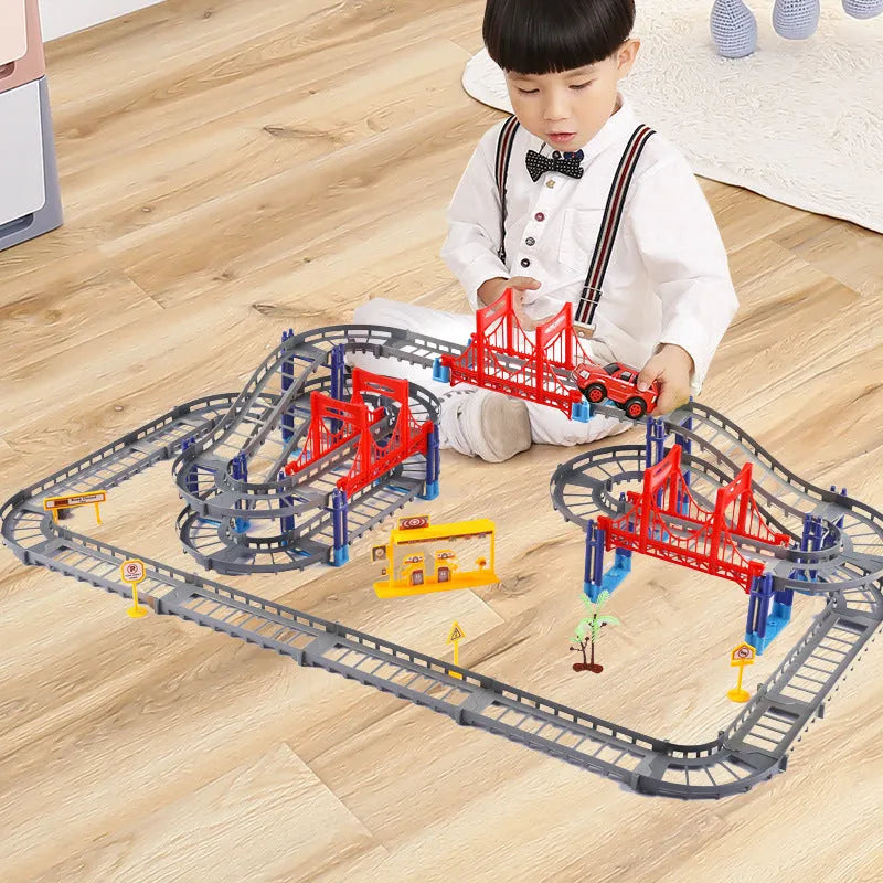 Electric high-speed rail toy set in grey on a surface showing train on track, packed size 30.5 x 8 x 22cm
