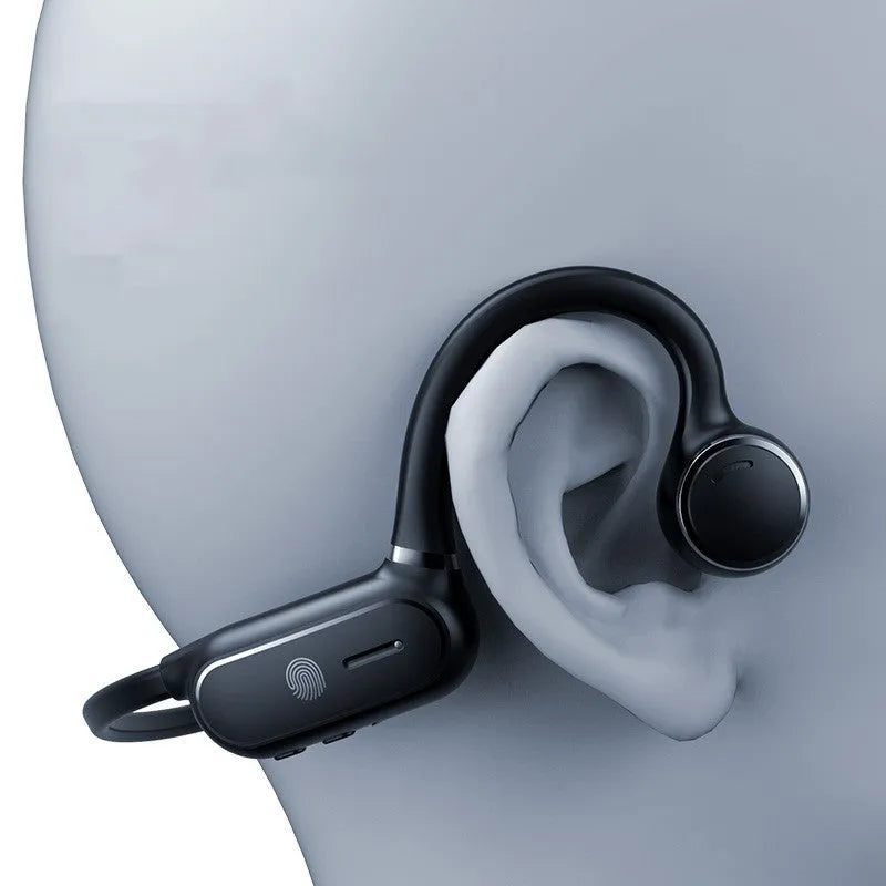 Black air conduction Bluetooth earphones with titanium wire frame showing ear-hook design