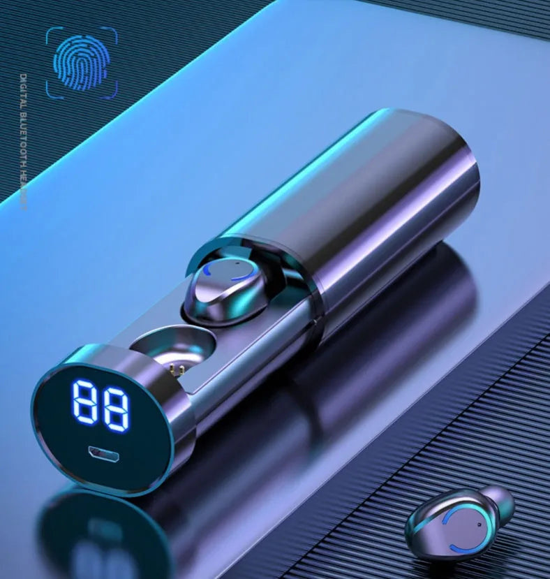 Wireless dual ear Bluetooth headset in black with magnetic charging case showing battery level display