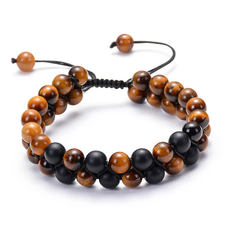 Matte black agate couple bracelets with geometric tiger eye beads