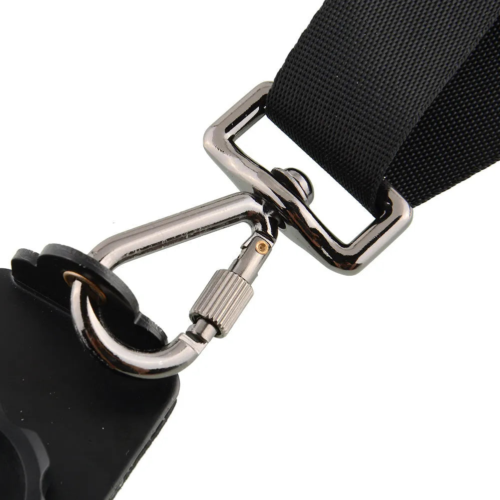 Black professional dual SLR camera strap showing two camera connection points and shoulder padding