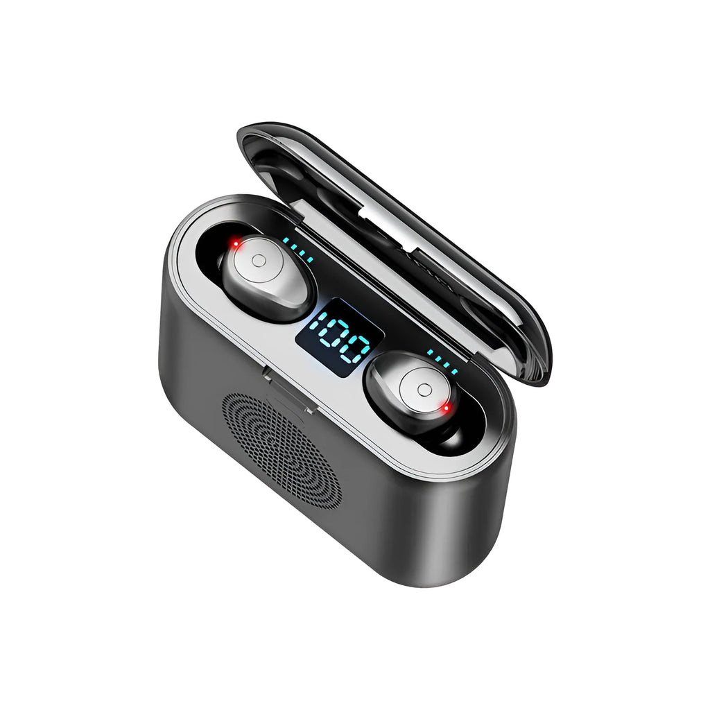 F9 5.0 wireless Bluetooth headset in black with charging case, featuring CVC8.0 noise reduction