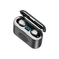 F9 5.0 wireless Bluetooth headset in black with charging case, featuring CVC8.0 noise reduction