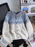 Women's loose-fit jacquard knit sweater coat in milky white, brown, or navy blue.