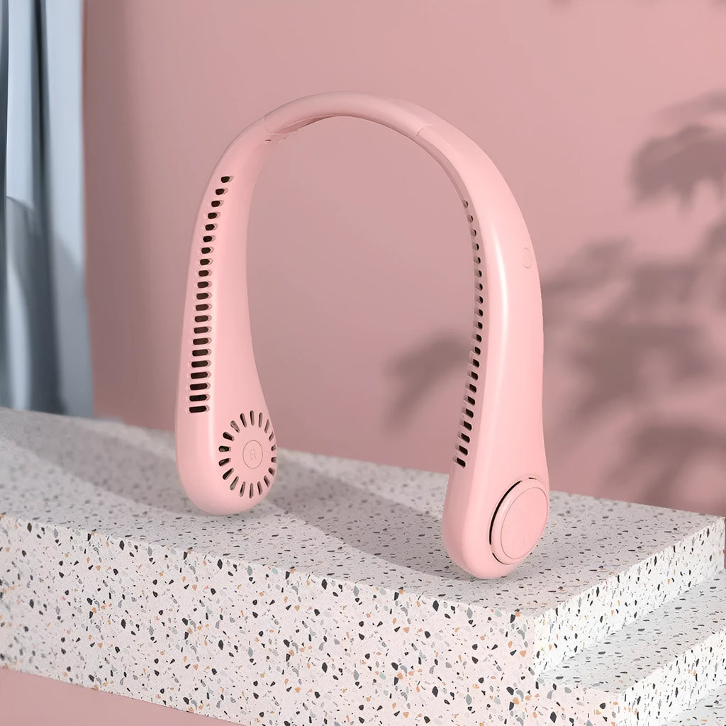 Pink USB rechargeable bladeless neck fan being worn, showing its lightweight and comfortable design.