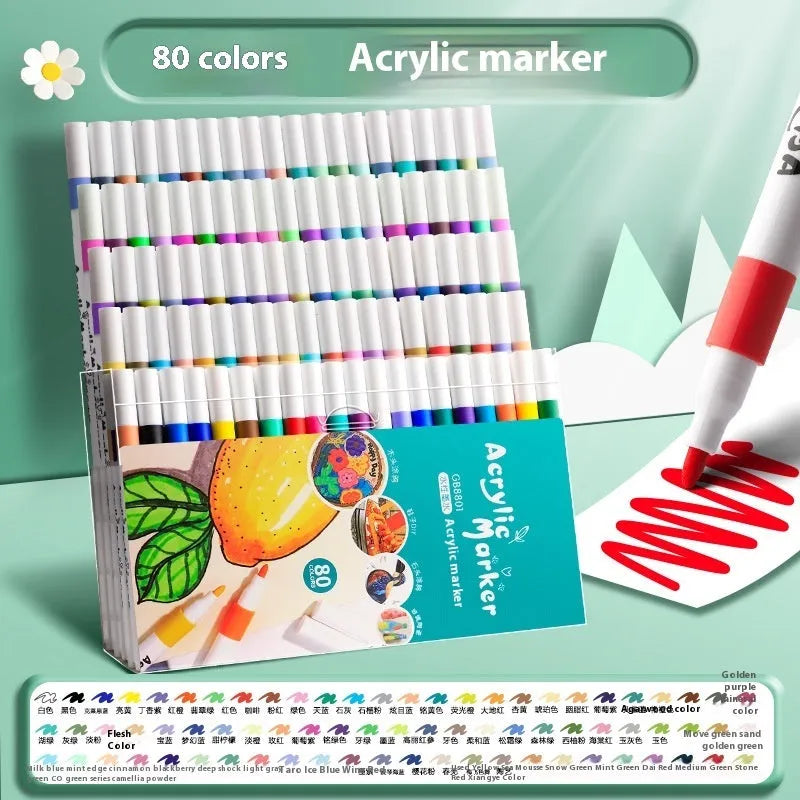 Box of acrylic marker pens for student painting with true colour pigments in multicolour assortment