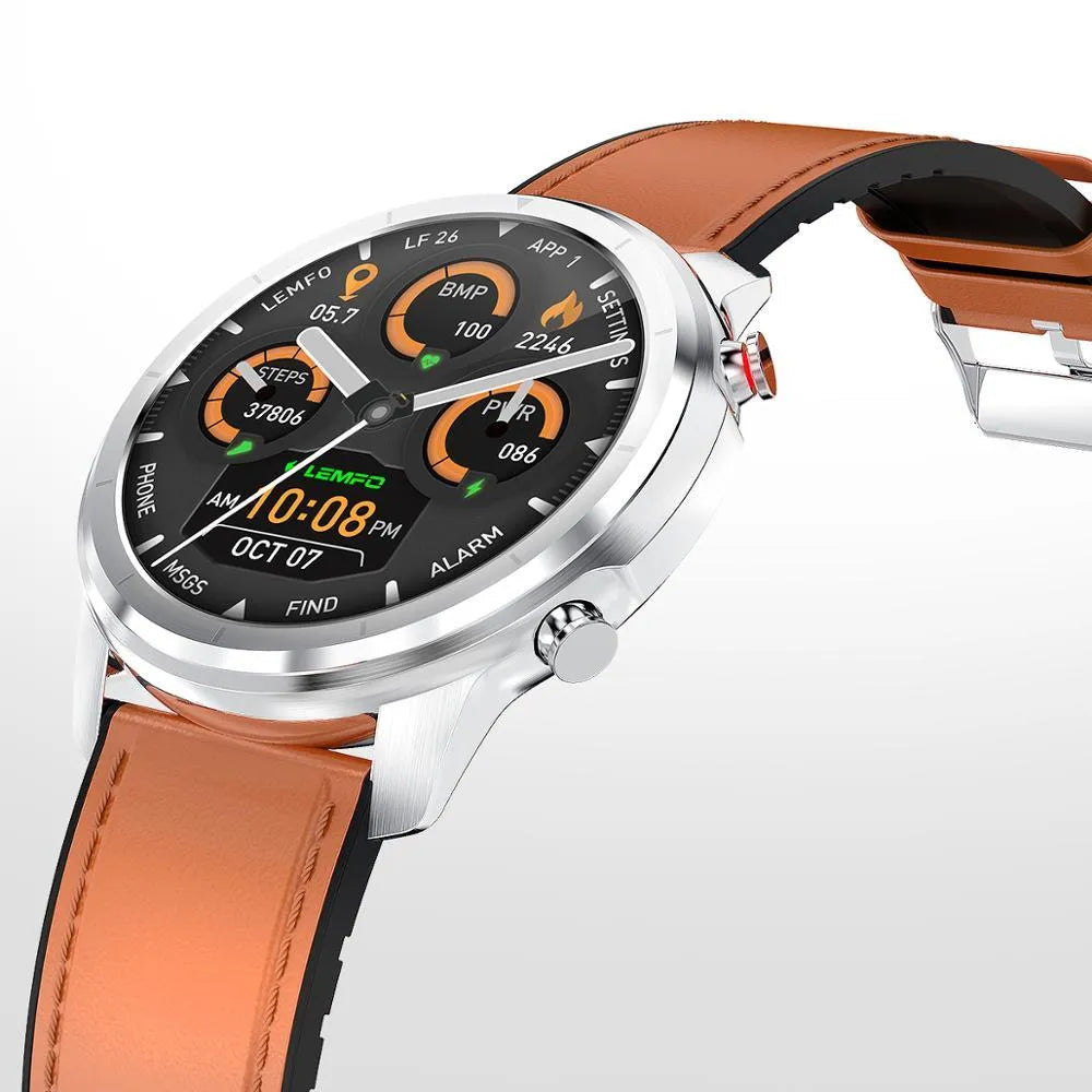 LEMFO LF26 smart bracelet on wrist showing 1.3-inch display, with touch and button controls, in a Brown Silver finish.