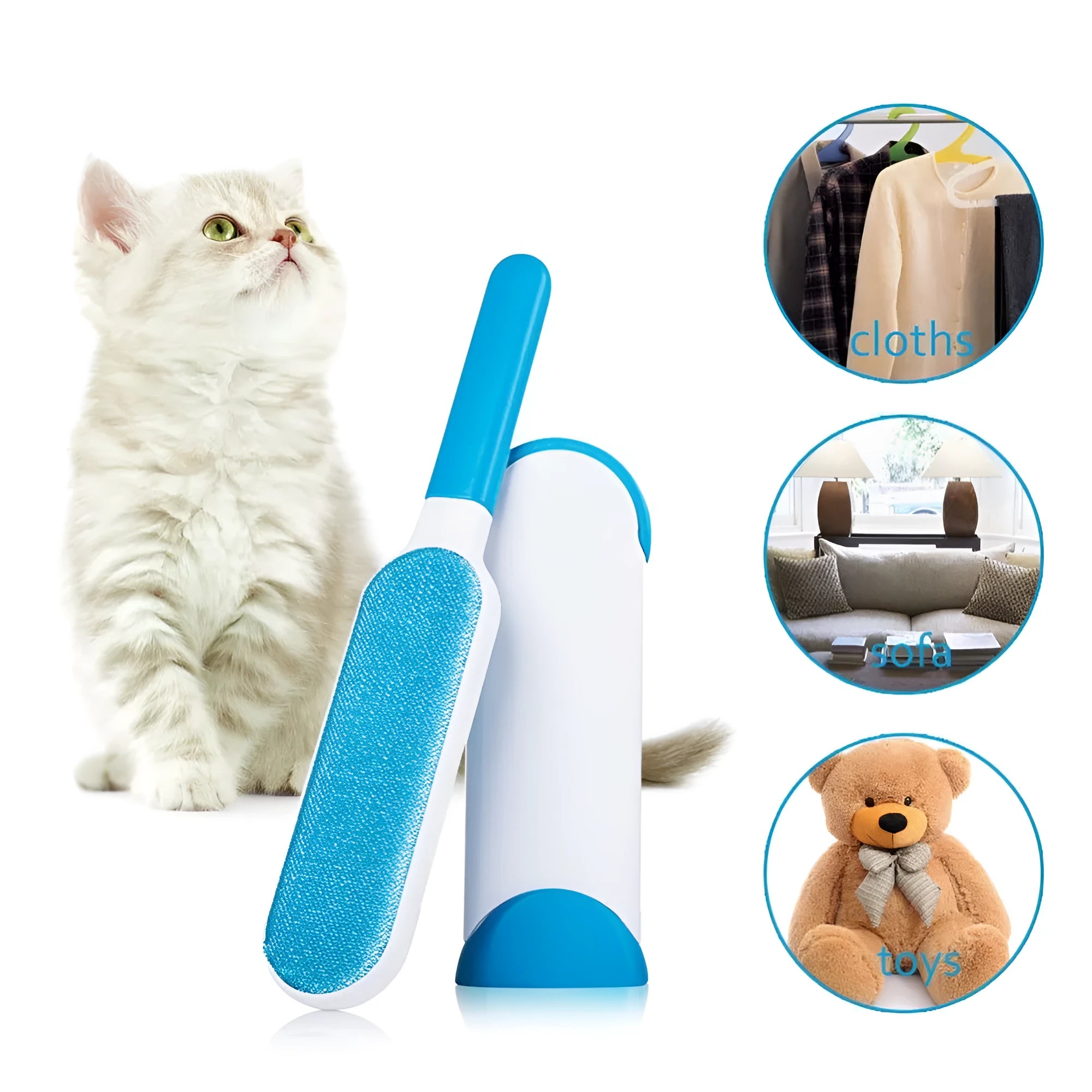 Blue reusable pet hair removal comb with double-sided brush next to its self-cleaning base.