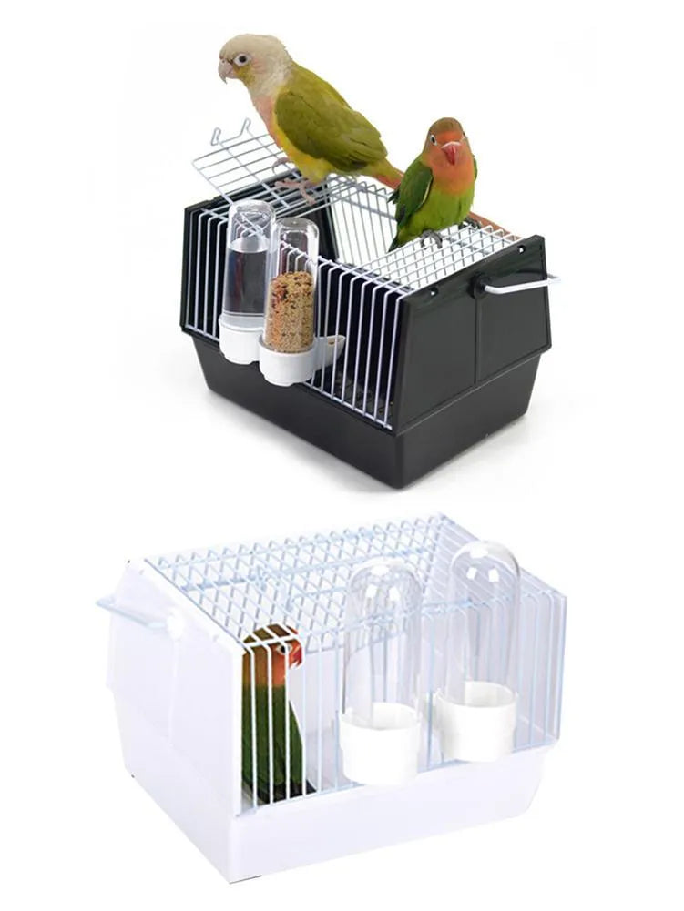 Small portable bird travel cage in black with top skylight and two feeders, 21 x 13 x 13 cm