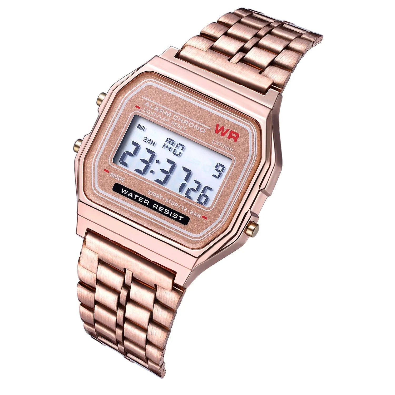 WR F91W steel band electronic watch with square dial and number display on stainless steel strap