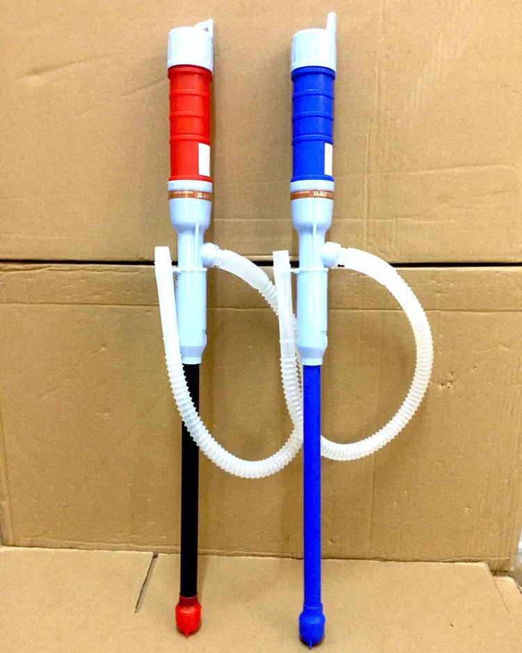 Manual hand-operated siphon pump for fuel transfer in blue or red colour