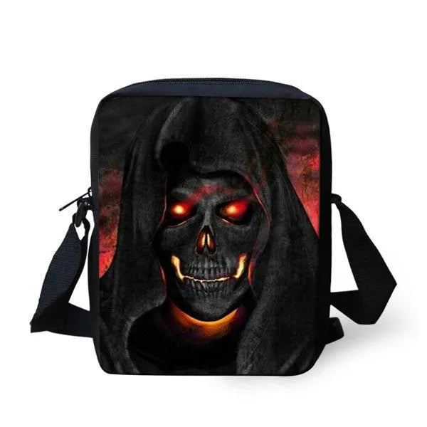 Children's skull pattern messenger bag in polyester, showing double straps and zipper opening.