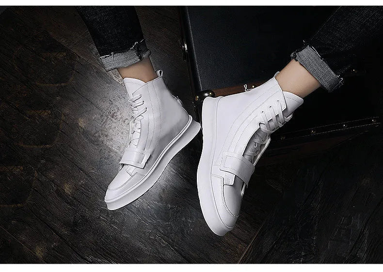 Men's black PU leather winter ankle boots in a high-top sneaker style on a white background.