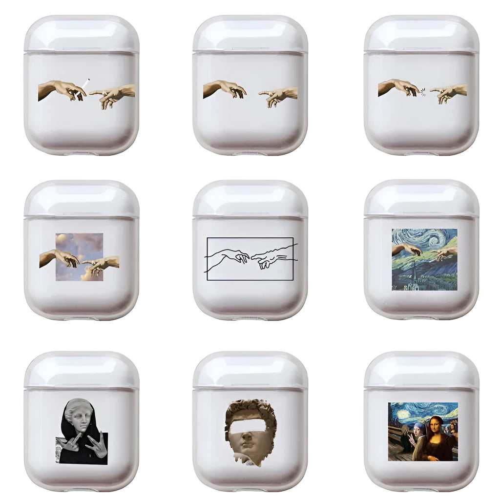 Transparent plastic AirPods protective cover showing colour style variations
