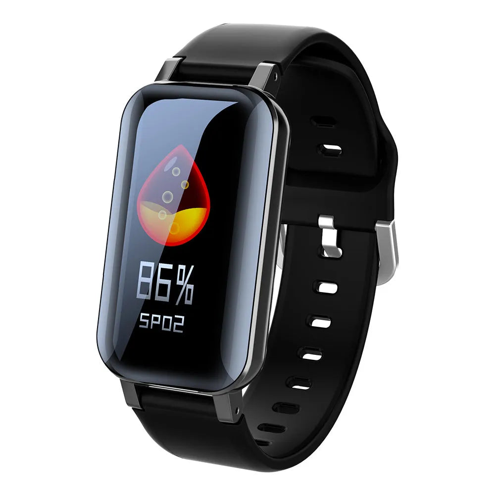 Call Bracelet smart fitness tracker on a wrist showing heart rate data, available in black, blue, and coffee colours.