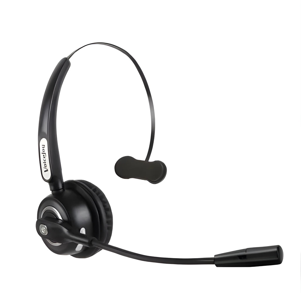 Bluetooth headset with microphone and over-ear design for truck drivers and office phone use.