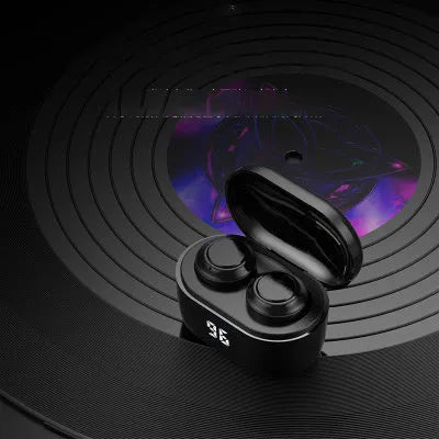 Black stereo Bluetooth earplug headset with NFC logo and power display
