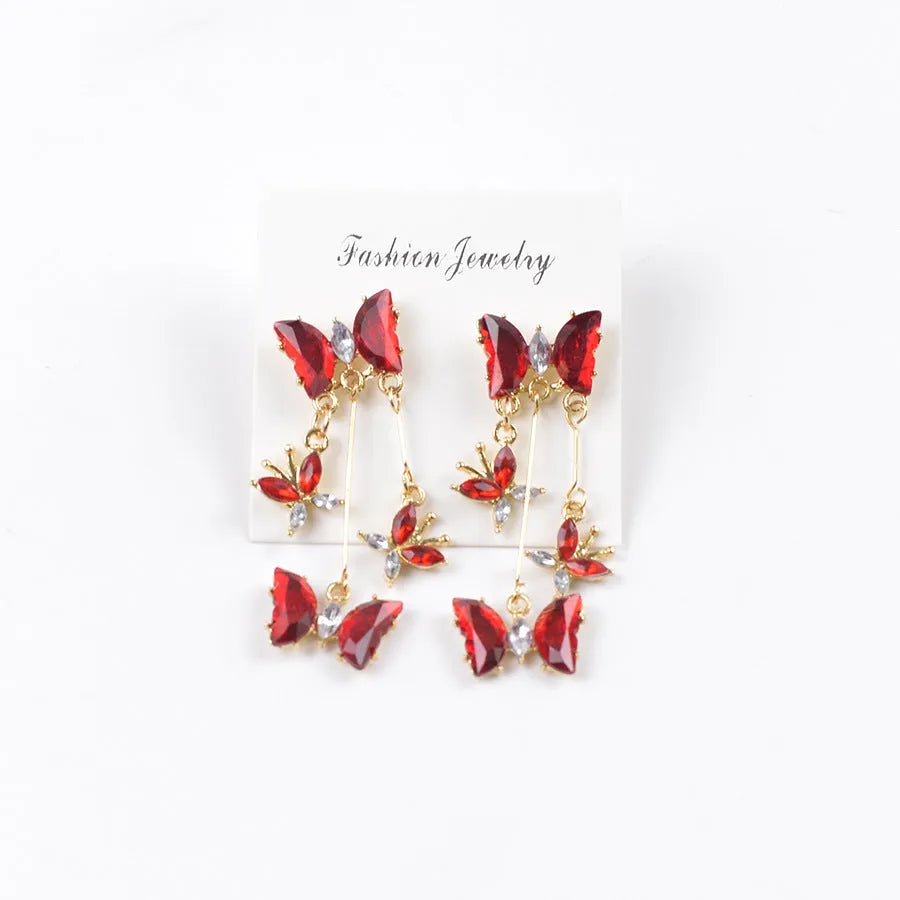 Butterfly fringe earrings in alloy and glass with electroplated finish, 1.8 x 5.3cm, light luxury style