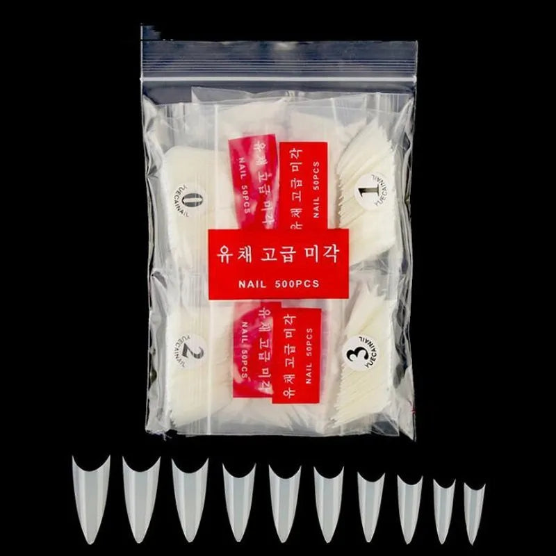 500 natural fake nail tips ABS half-tip pointed shape 10 sizes 7-13mm width