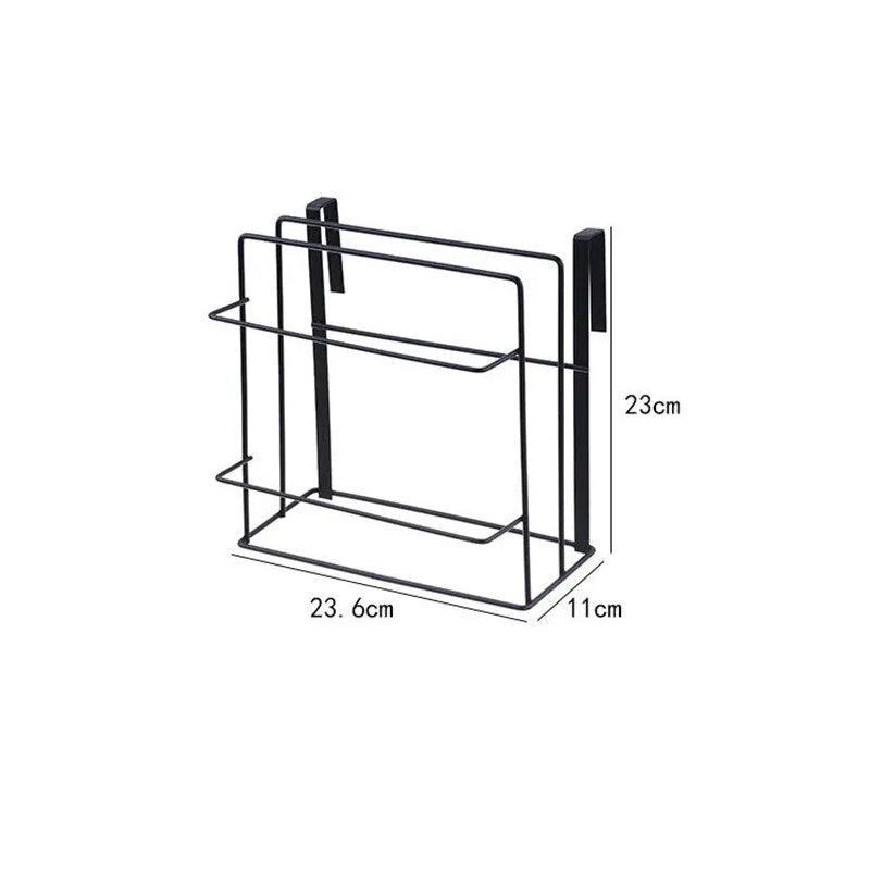Double-layer iron kitchen storage rack holding towels and chopping board, black finish, wall mounted