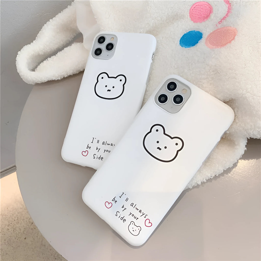 Soft silicone mobile phone case with Korean bear cartoon design for Samsung Z Flip 6 and iPhones.