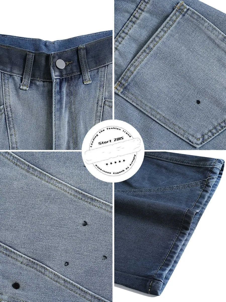 Loose fit blue tie-dye gradient cropped jeans on a hanger, showing washed-out colour and mid-waist design.