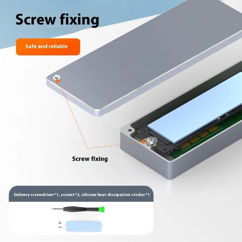 Type-C M.2 NVMe SSD enclosure kit with aluminium housing, screwdriver, screws, heat pad, and adapter cable