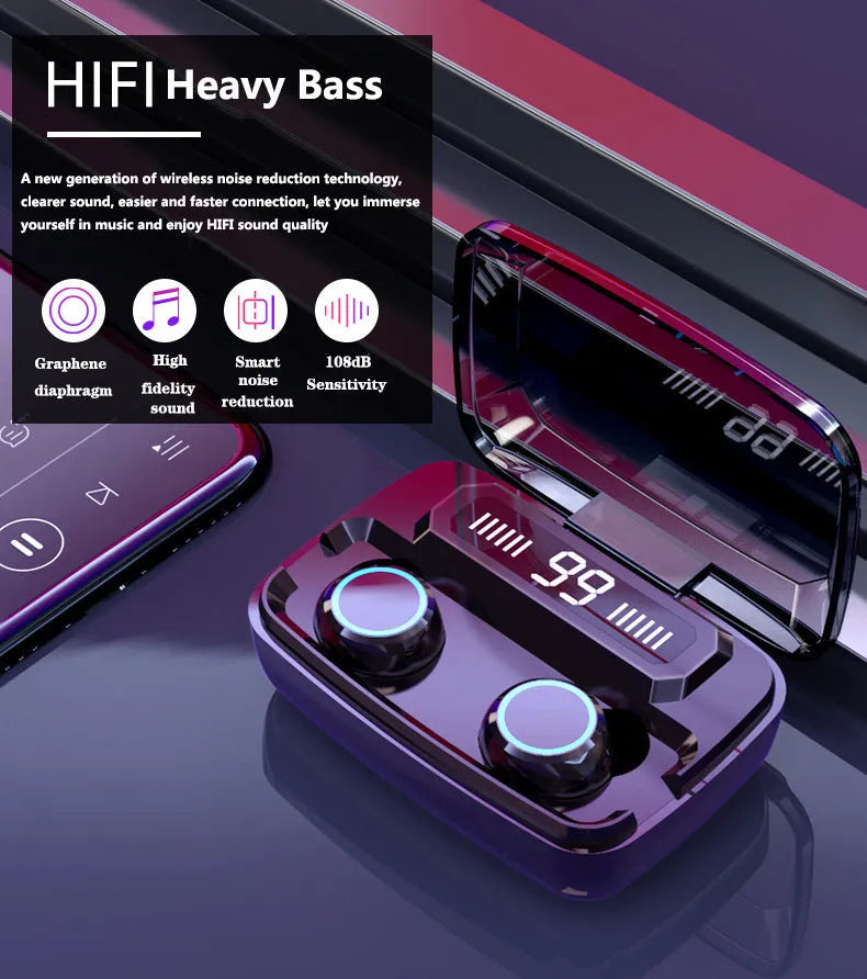 Black M11 wireless Bluetooth headset with digital display and charging case