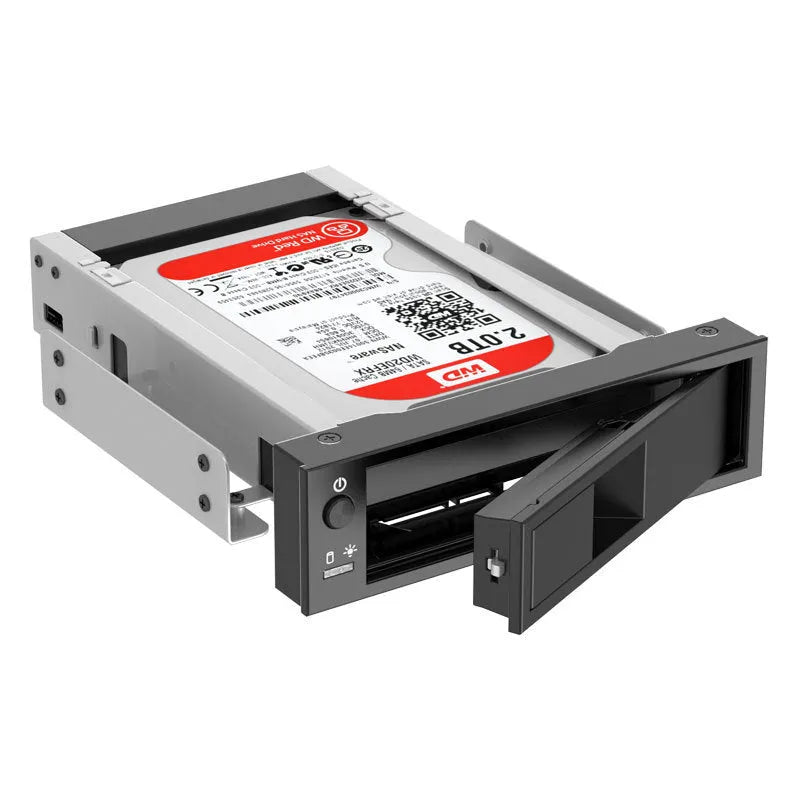 Black hard disk tray for CD-ROM bay mounting in vertical desktop chassis, plastic and iron construction