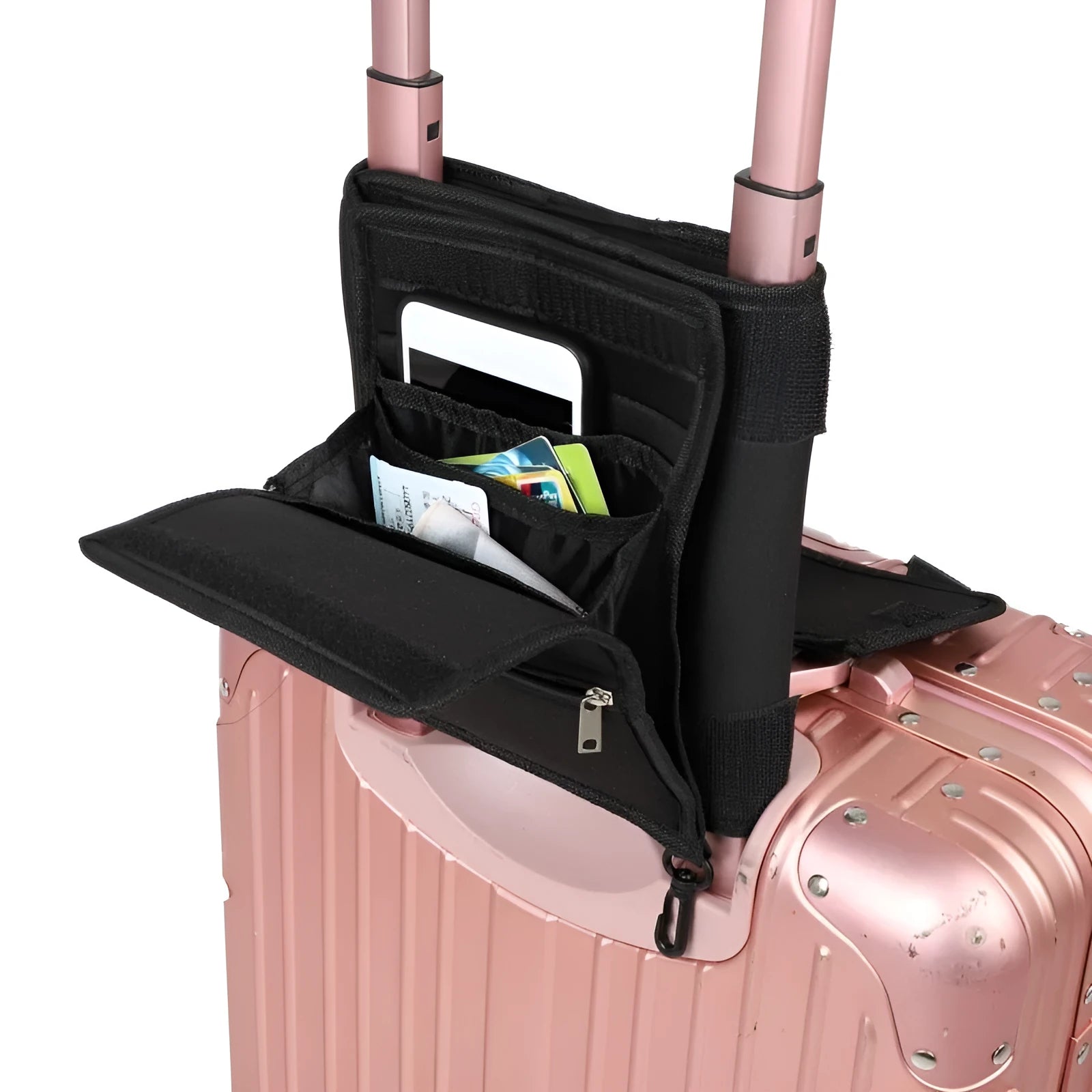 Black canvas large capacity packing tote folded flat on a surface, showing its storage pouch design