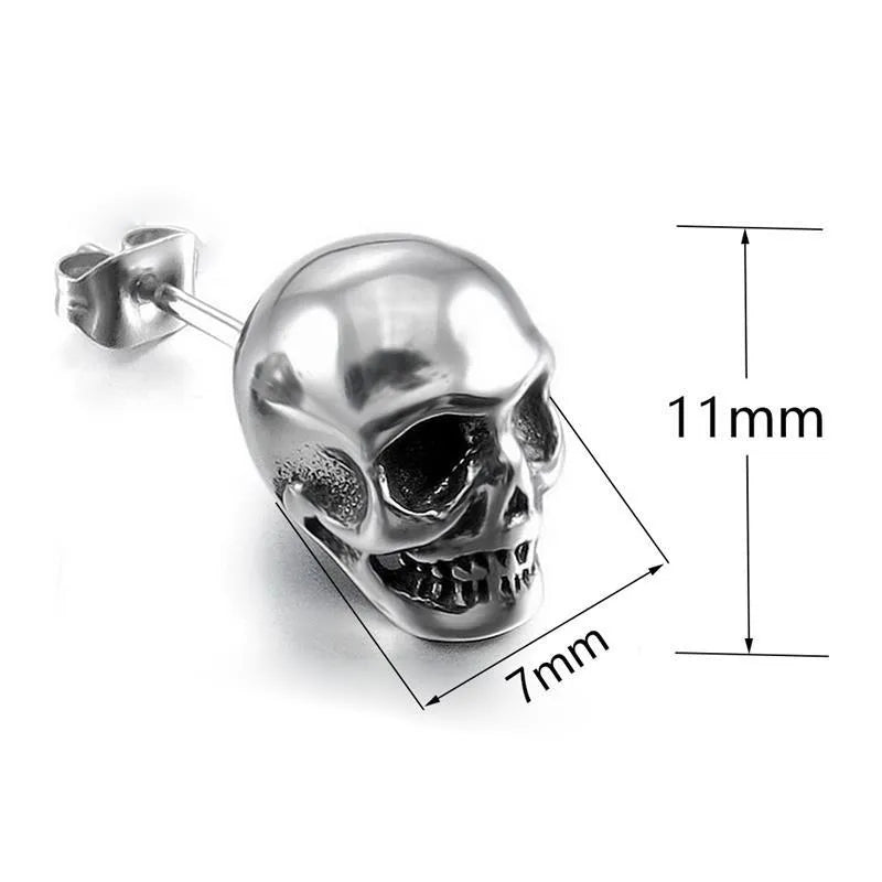 Small skull stud earrings white copper push-back fastening black silver colour unisex punk style