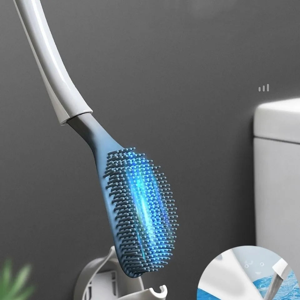 Silicone bathroom cleaning brush with ergonomic curved handle and soft rubber head in black