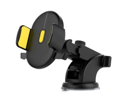 Yellow and black car phone holder with telescopic arm and suction cup mount on a dashboard