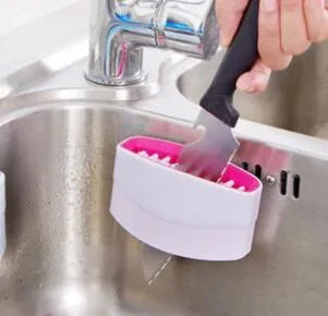 Creative kitchen cleaning brush with suction cup for knives forks chopsticks fruit vegetables in blue