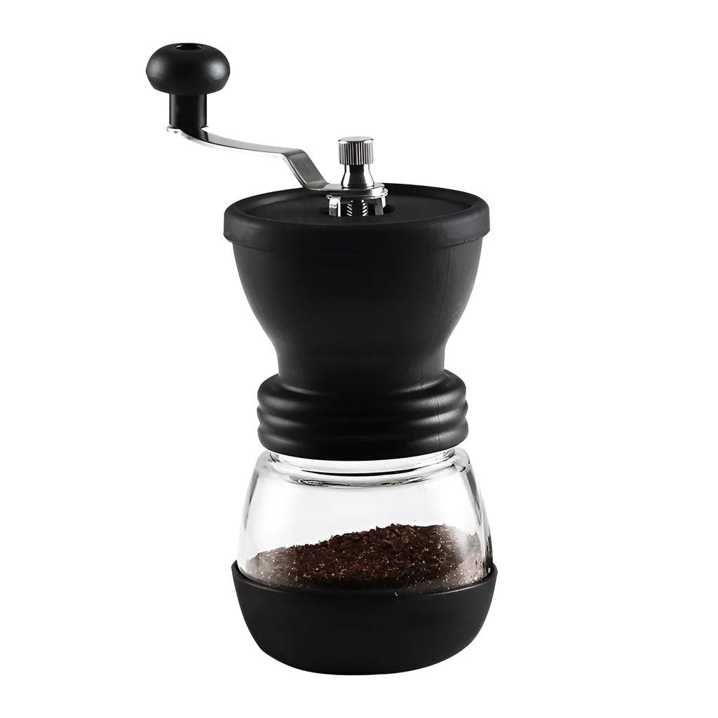 Hand grinder coffee machine with beech wood body and black finish on a countertop, width 88mm