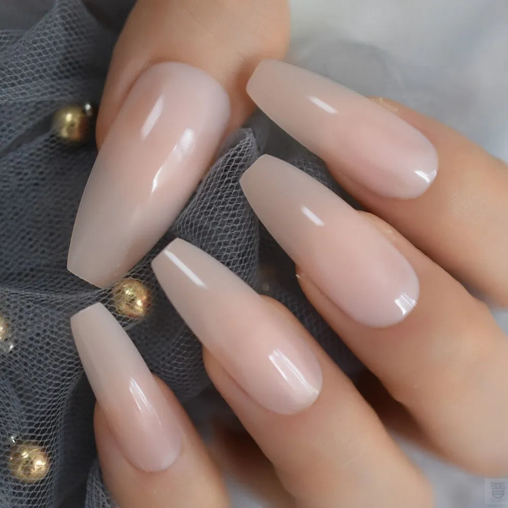 Nude extra long fake nails 24 pcs with glossy UV gel cover in three colours including dark purple, khaki, and light purple