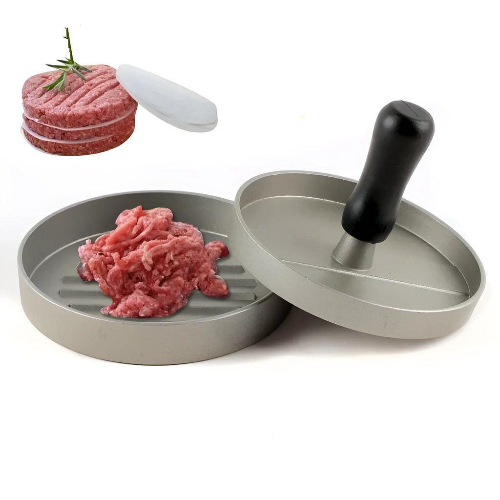 Aluminium die cast single burger press with handled press plate and base, 12x12x9 cm