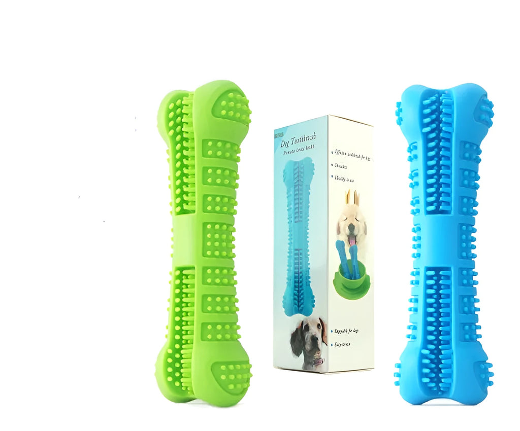 Bone-shaped silicone dog molar stick with bristles for teeth cleaning and easy toothpaste hole