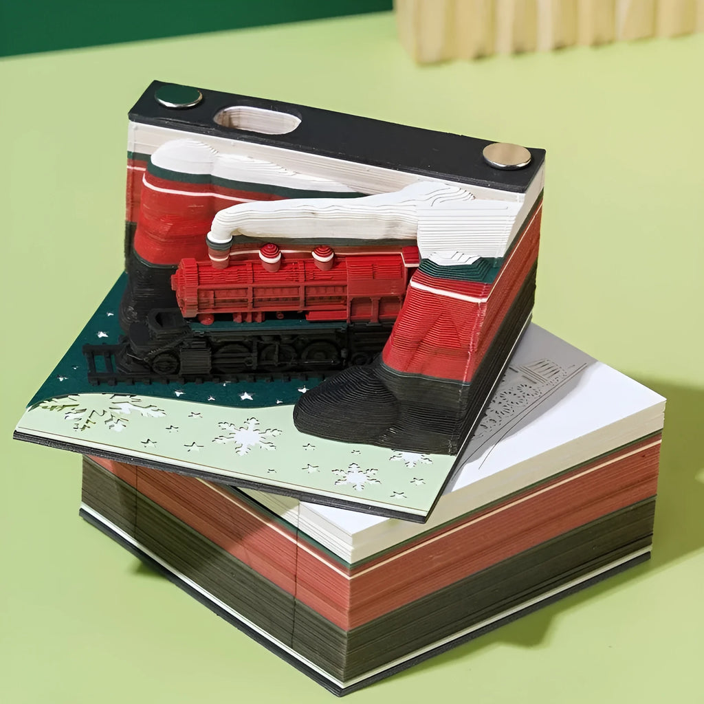 3D paper carving sticky notes showing Qingshui Temple architecture with Christmas Train coloured cover