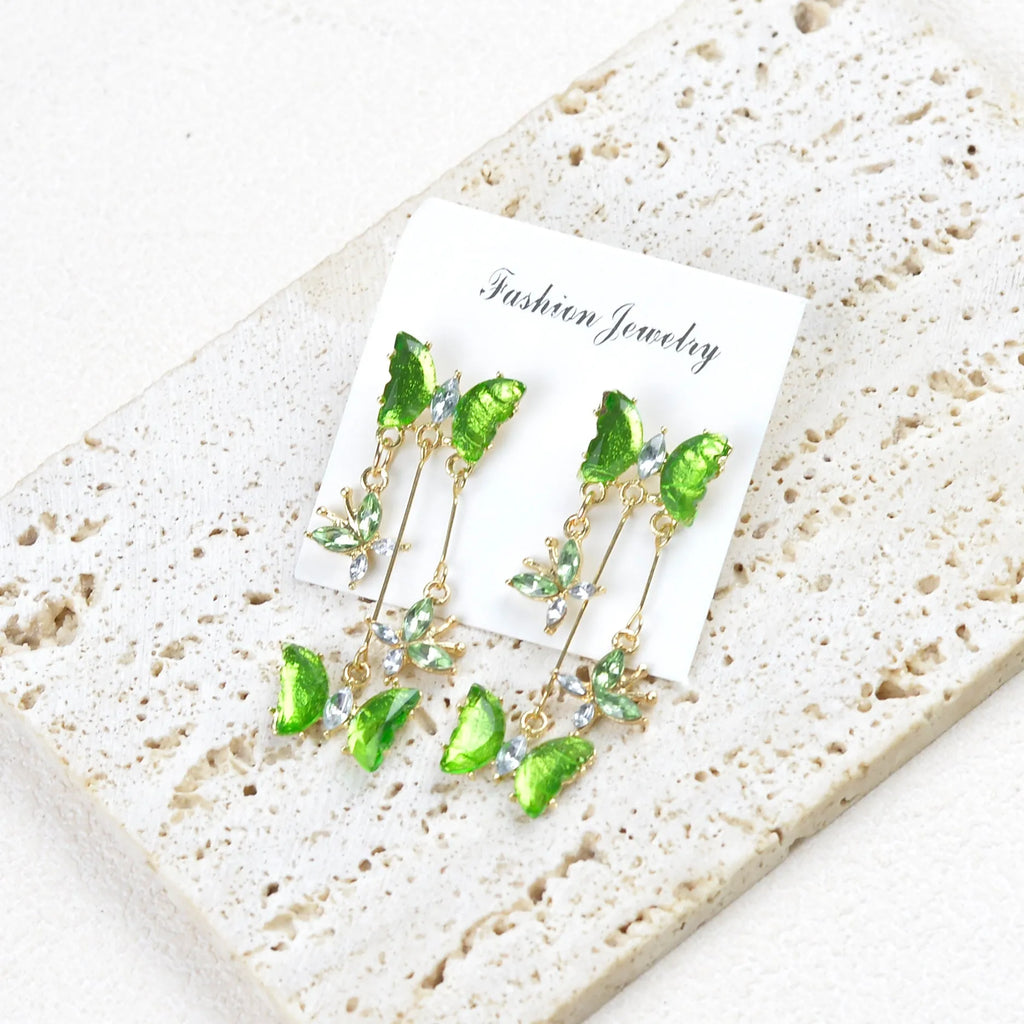 Butterfly fringe earrings in alloy and glass with electroplated finish, 1.8 x 5.3cm, light luxury style