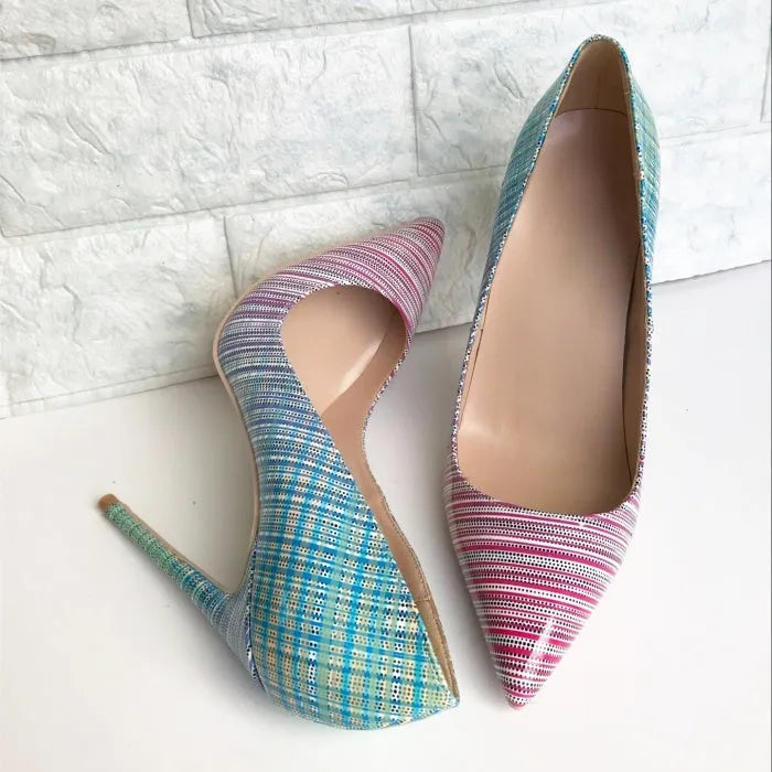 Pink to blue gradient patent leather pointed toe high heels with super-high heel