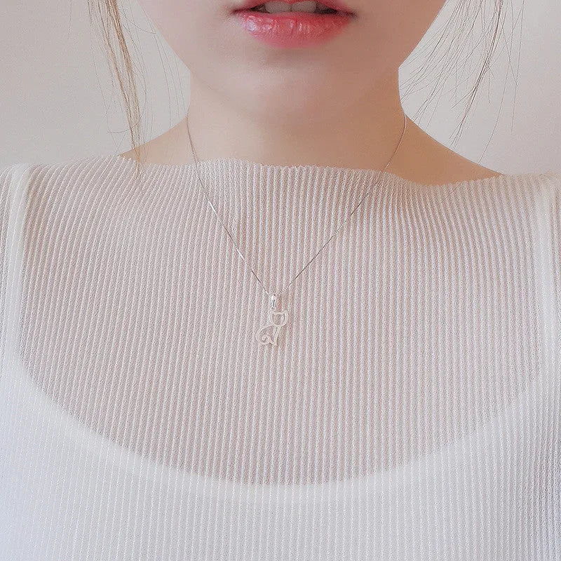 Korean sweet cat necklace simple pendant in sterling silver on model