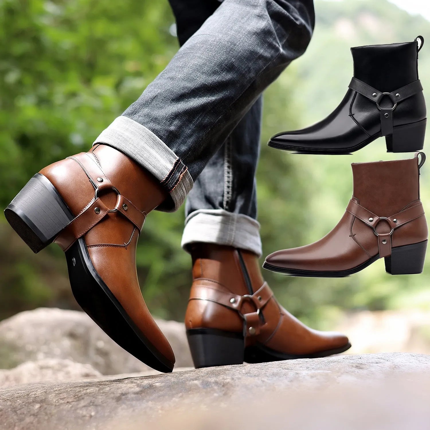 Trendy wild chain boots for men and women in black, artificial PU upper, rivet detail, side zipper, horse-shoe heel