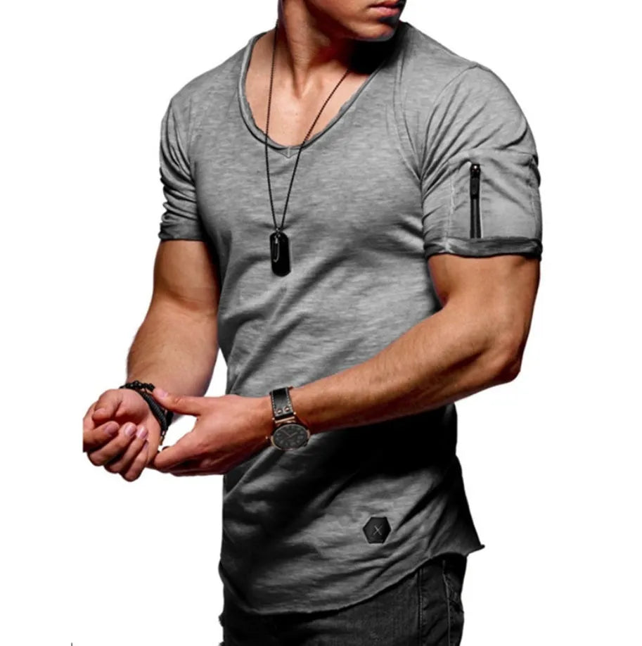 Men's V-neck short-sleeved cotton blend slim-fit youth shirt in military green colour with button front