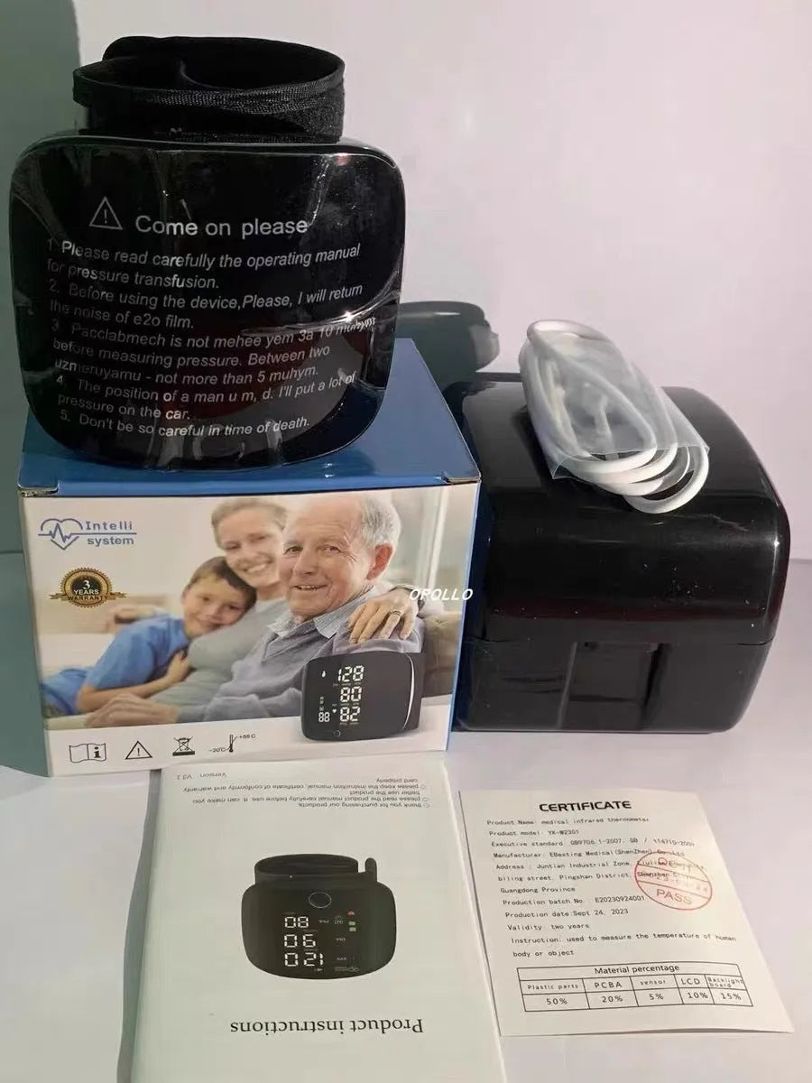 Black rechargeable wrist blood pressure monitor with USB charging cable