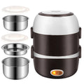 USB-powered electric lunch box showing two-layer and three-layer insulated compartments with capacity options