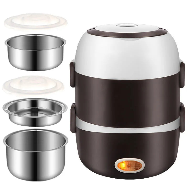 USB-powered electric lunch box showing two-layer and three-layer insulated compartments with capacity options