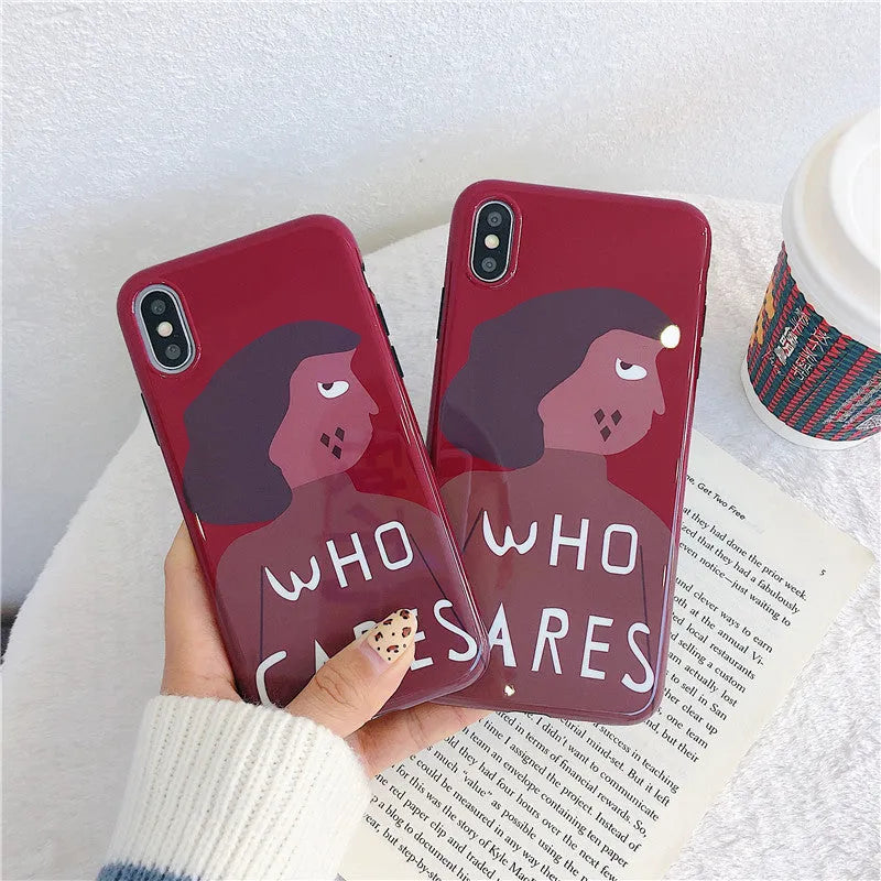 Wine red silicone phone case with brown girl illustration for iPhone models 6 to XS Max