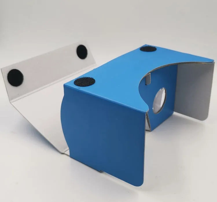 Pink and white cardboard VR glasses for smartphones with adjustable rubber band head strap